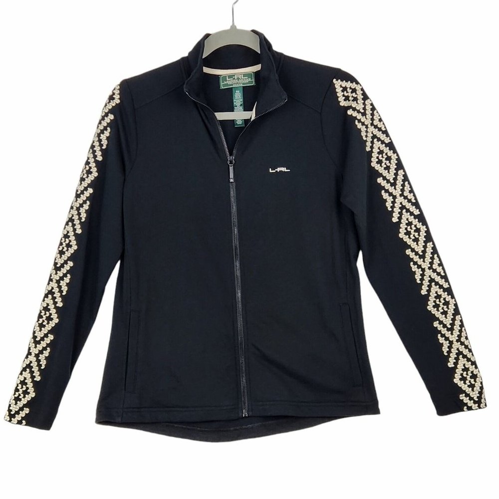 L-RL Lauren Active Womens Petite Sz M Zip Jacket Black White Embroidered Sleeves